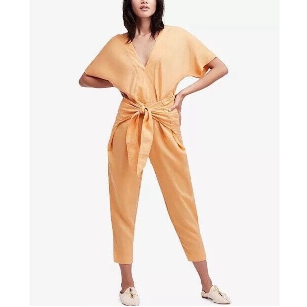 Free People Jumpsuit Womens XS Orangeā Tie Front Linen Blend Oversized Open Back